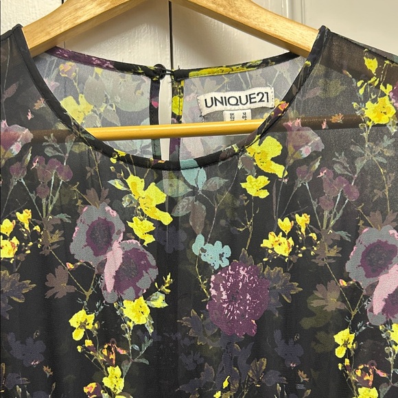 Unique21 Floral Long Sleeve Dress in Black with Purple and Yellow - Picture 2 of 12
